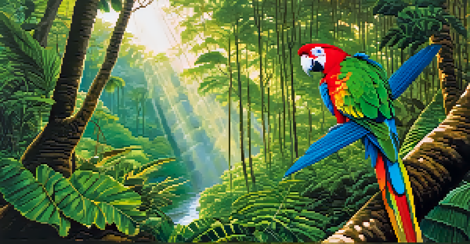 A tranquil view of the Amazon rainforest in Peru, featuring lush trees, a river, and a colorful parrot amidst the greenery.