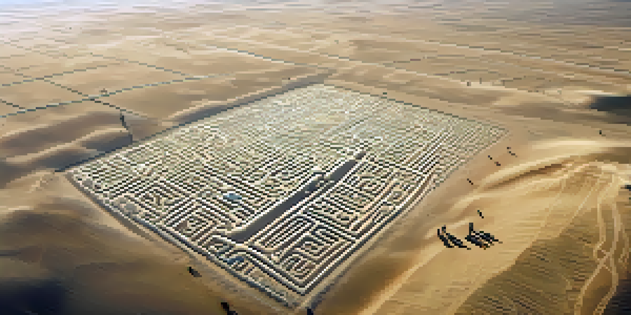 An aerial view of the Nazca Lines in a desert landscape, featuring intricate geoglyphs of animals and plants under warm sunlight.