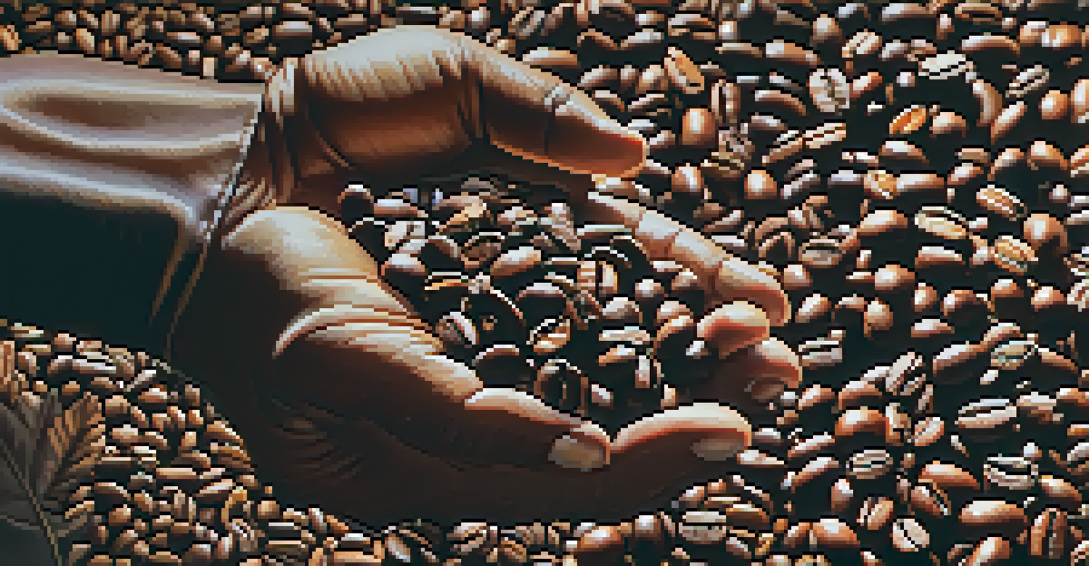 A close-up of a farmer's hands inspecting freshly harvested coffee beans, with a blurred coffee plantation in the background.