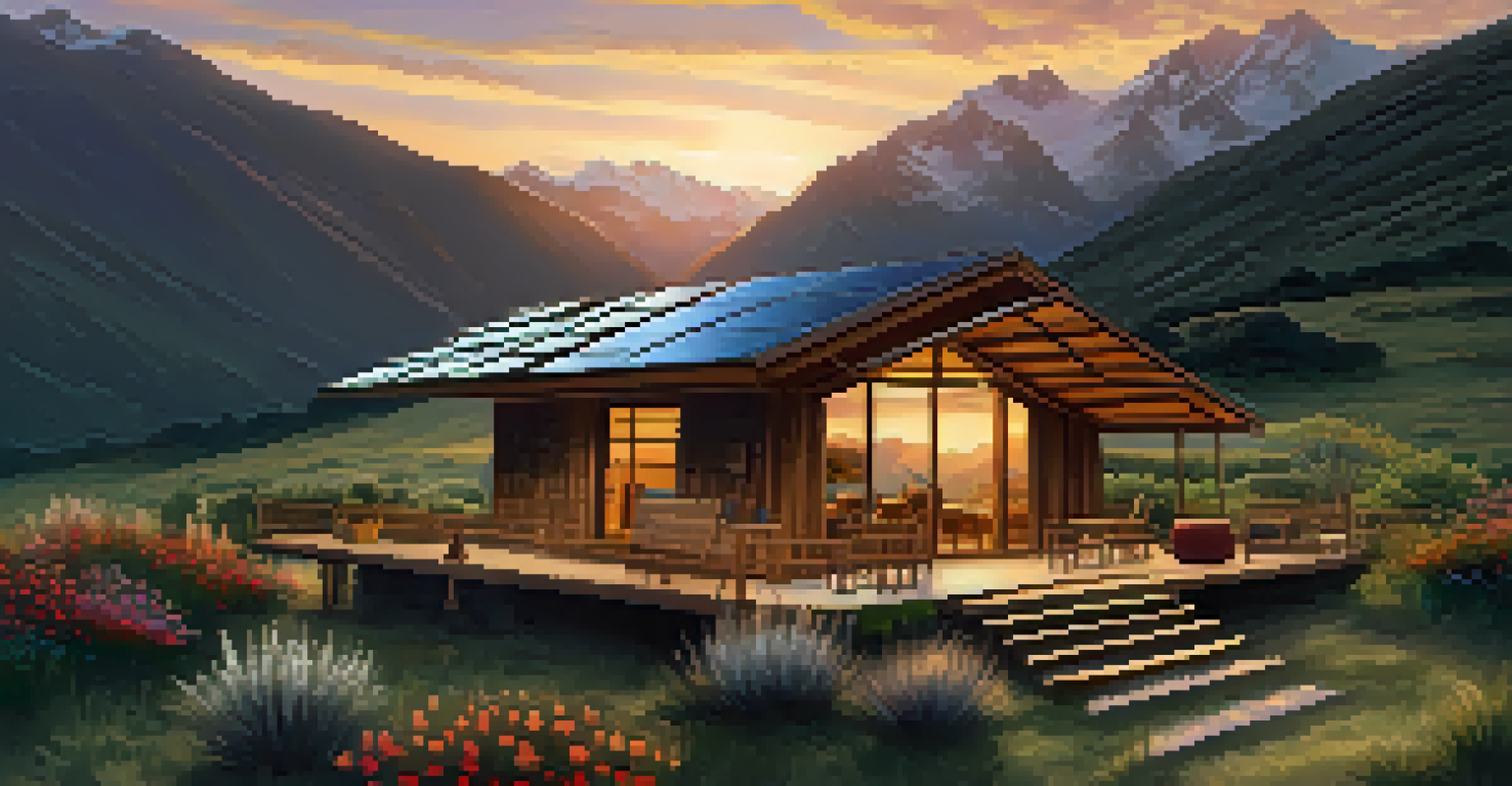 An eco-lodge in the Peruvian mountains made from local materials with solar panels and wildflowers around.