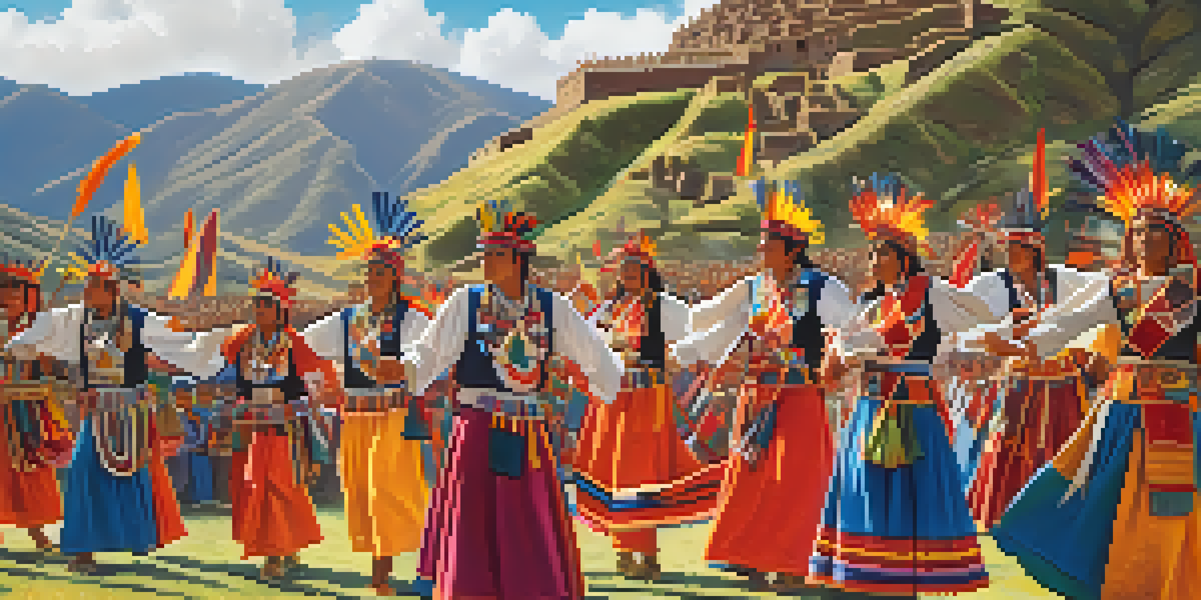 Participants in traditional Inca clothing dancing during the Inti Raymi festival at Sacsayhuamán, with a bright sun and green hills in the background.
