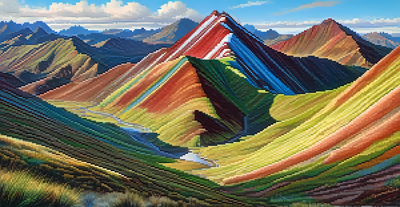 The colorful layers of Rainbow Mountain in the early morning light, showcasing vibrant stripes against grassy plains.