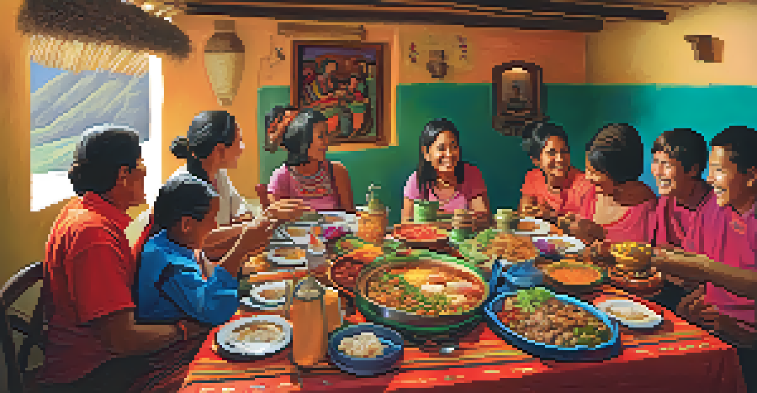 Volunteers enjoying a traditional Peruvian meal with local families, surrounded by colorful dishes.