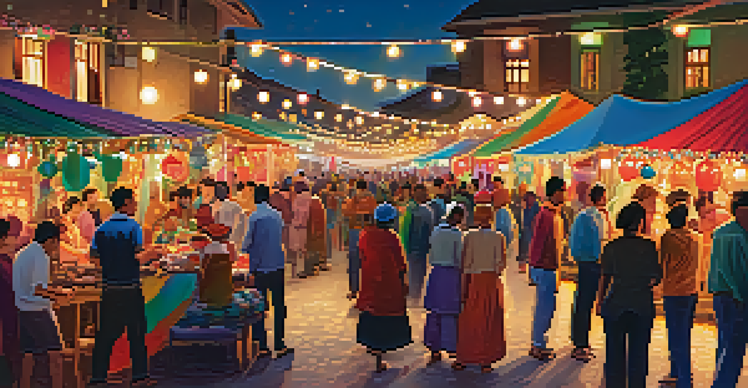 A vibrant local festival with residents and travelers enjoying traditional dances and handmade goods.