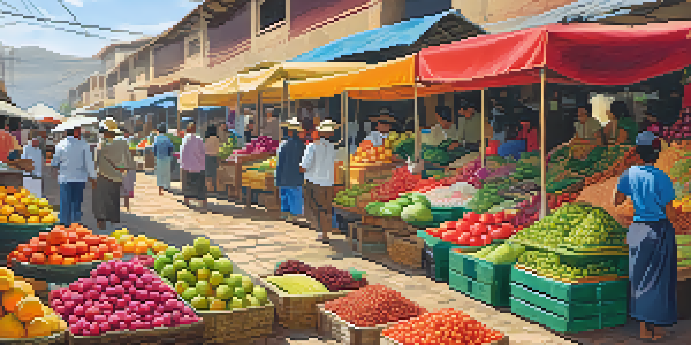 A bustling Peruvian market featuring a variety of colorful fruits and vegetables, with local farmers engaging with customers under the warm sunlight.
