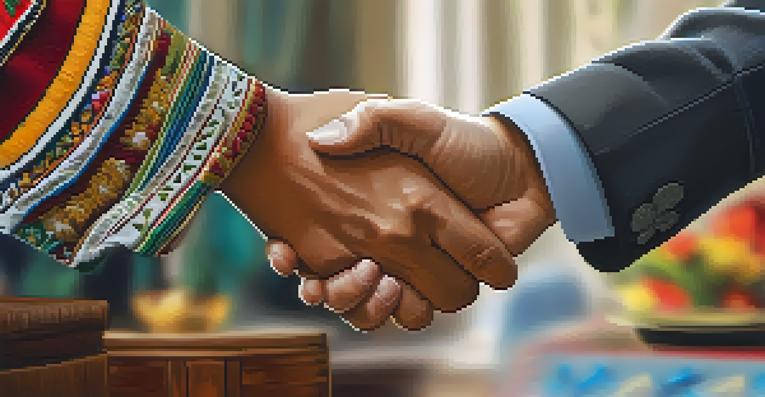 A close-up of a respectful handshake between two individuals in a formal Peruvian setting, with a soft focus on cultural decor in the background.