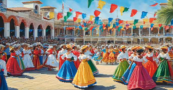 Dancers in colorful costumes performing Marinera dance at a festival with a lively crowd and bright decorations under a clear blue sky.