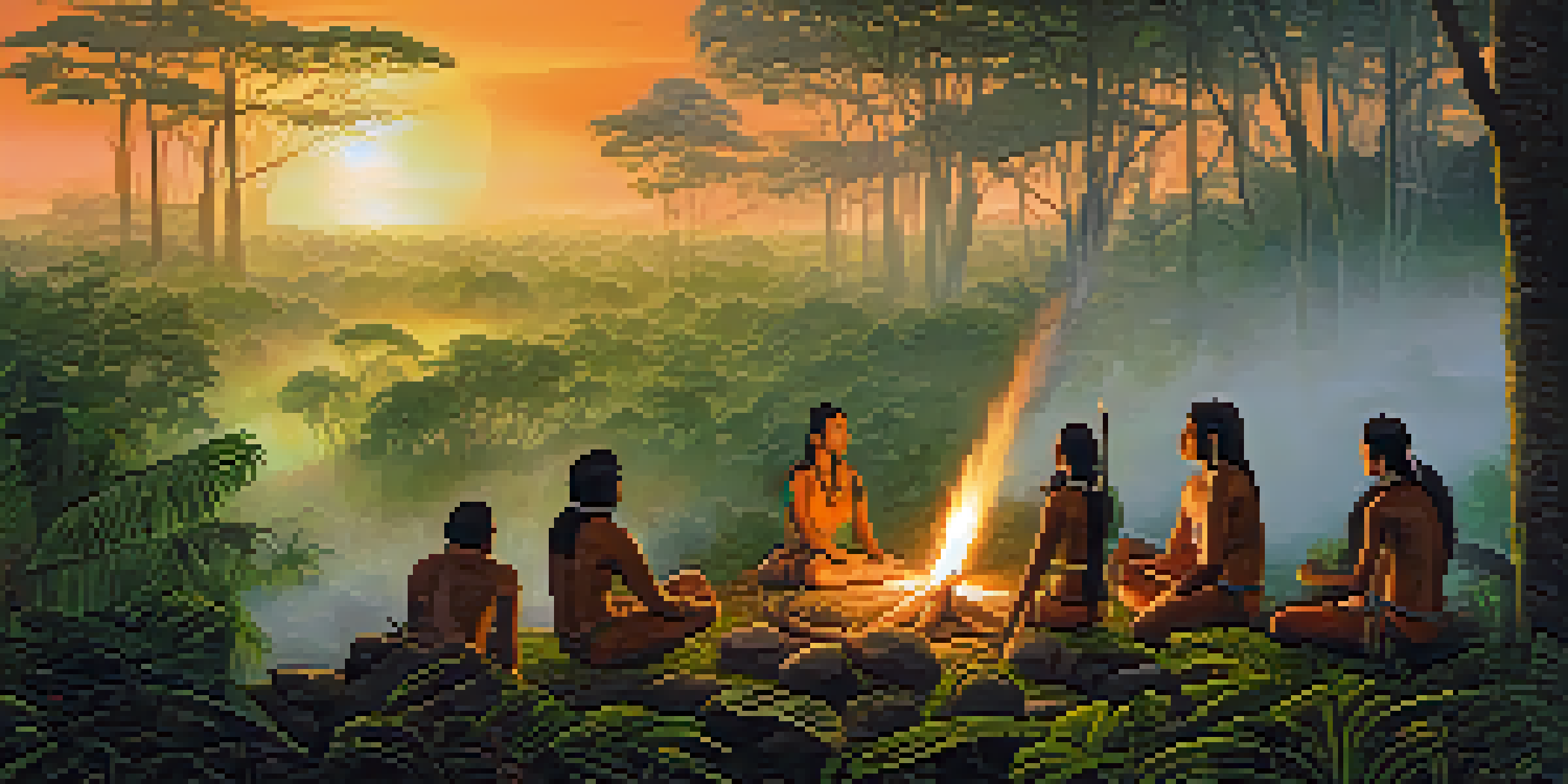 A peaceful dawn in the Amazon rainforest with indigenous people gathered around a ceremonial fire, preparing for an Ayahuasca ceremony.