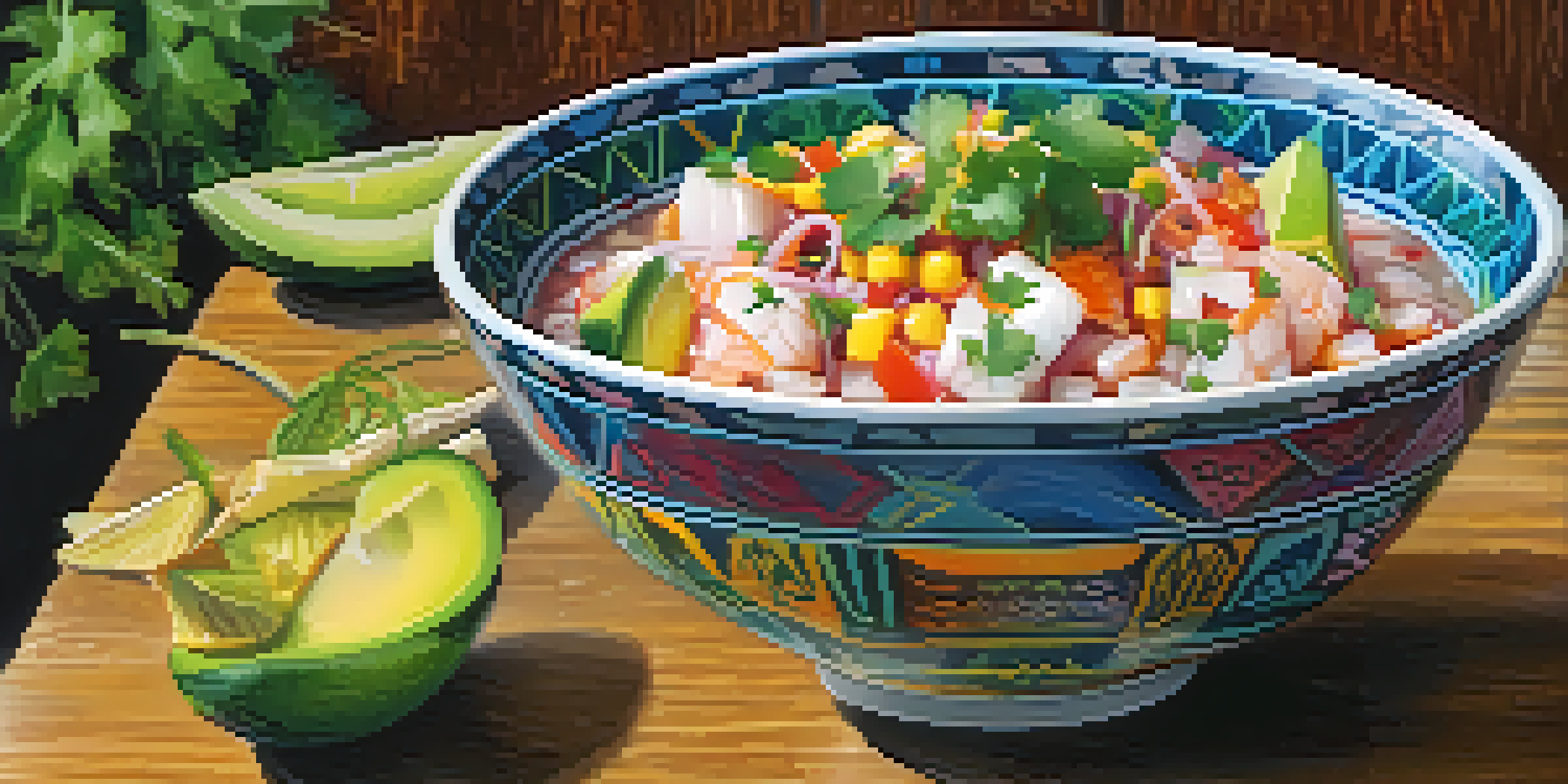 A colorful bowl of Ceviche Nikkei highlighting fresh fish, avocado, and cilantro on a rustic wooden table with Peruvian textiles.