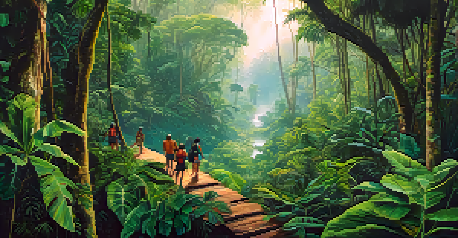 A group of ecotourists in the Amazon rainforest being guided by an indigenous leader amidst vibrant greenery.