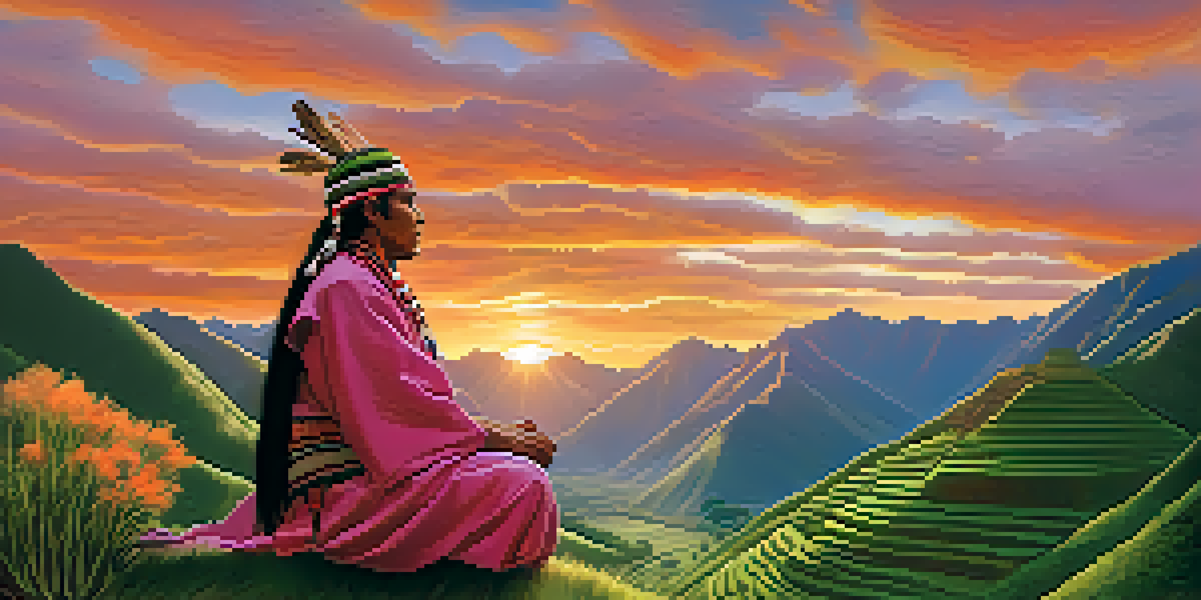 A peaceful view of the Sacred Valley in Peru during sunrise, with a shaman conducting a ceremony among green mountains and a vibrant sky.