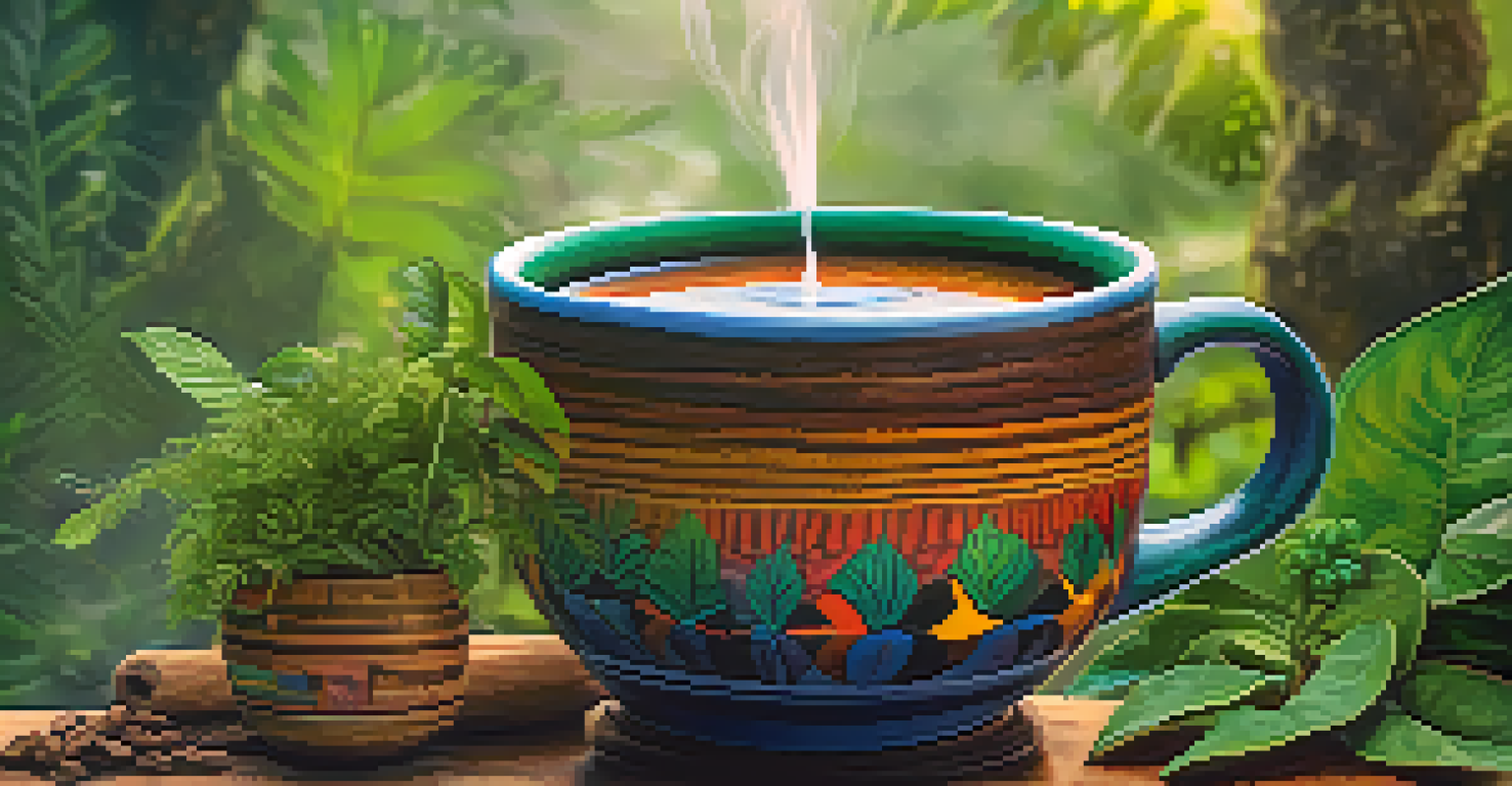 A close-up of Ayahuasca brew in a ceramic cup with steam, surrounded by Amazonian plants in the background.