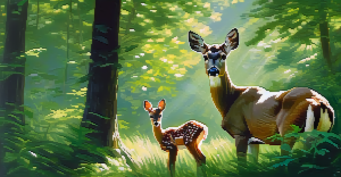 A mother deer nuzzling her fawn in a sunlit forest, highlighting their affectionate bond.