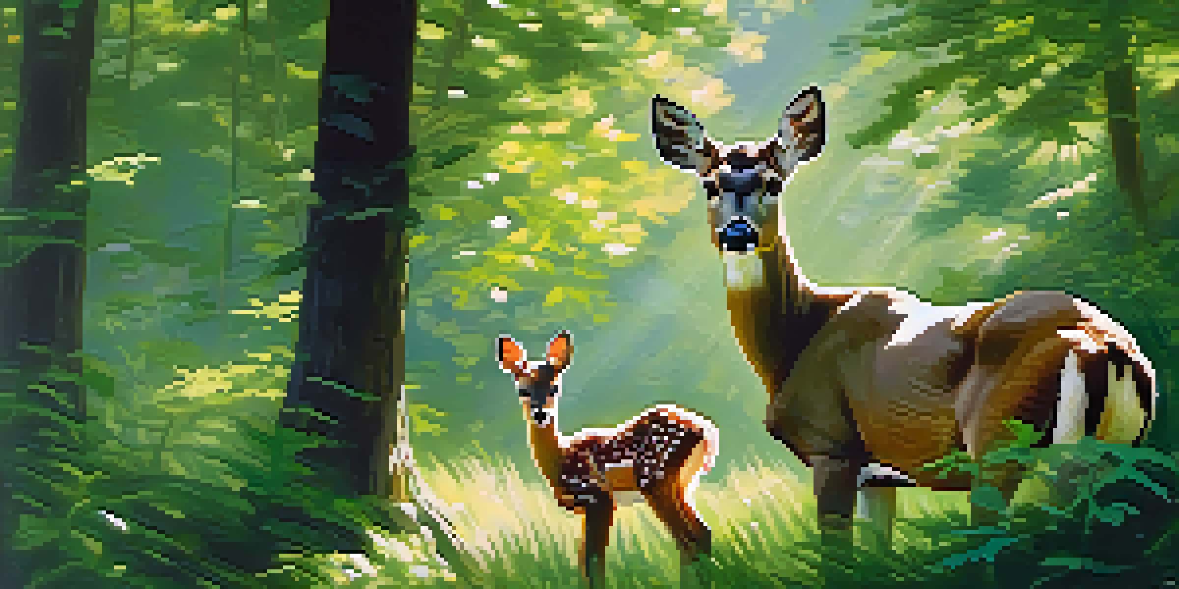 A mother deer nuzzling her fawn in a sunlit forest, highlighting their affectionate bond.