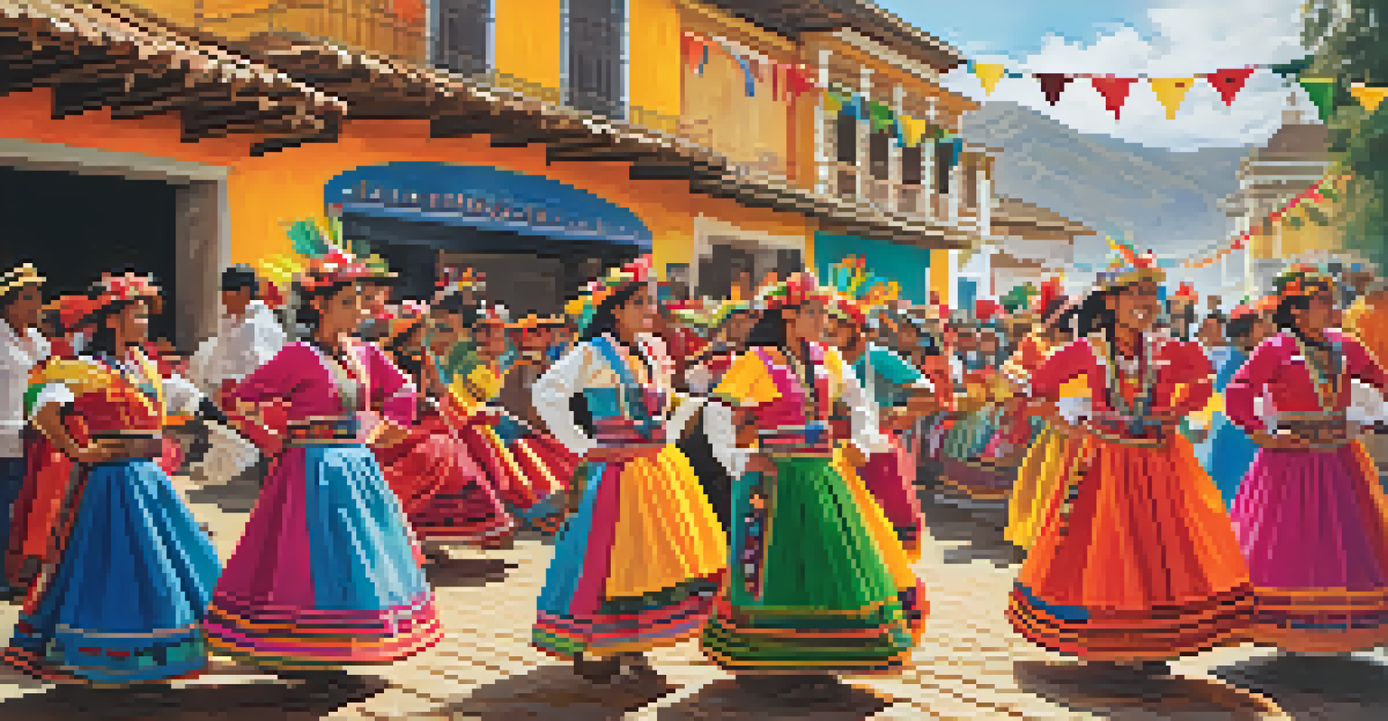 A vibrant scene of a local Peruvian festival, featuring dancers in traditional costumes and colorful decorations in a village setting.