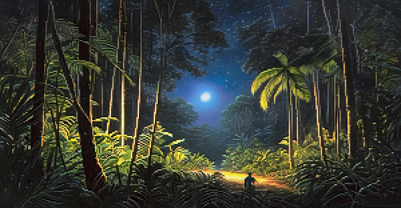 Tourists exploring the Amazon rainforest at night with flashlights, revealing glowing eyes of nocturnal wildlife amidst dark foliage.