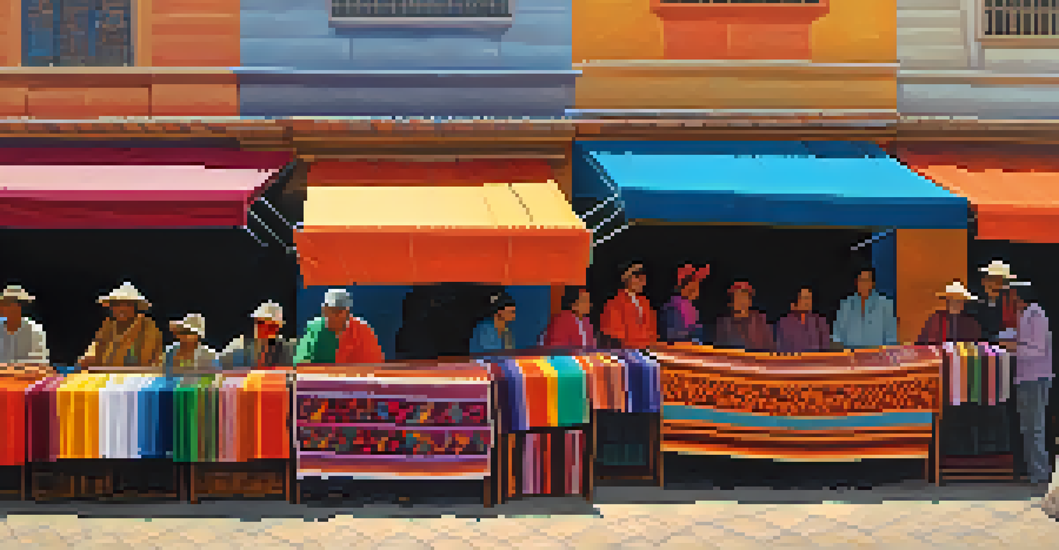 An outdoor market in Peru with stalls filled with colorful woven textiles and artisans interacting with customers.