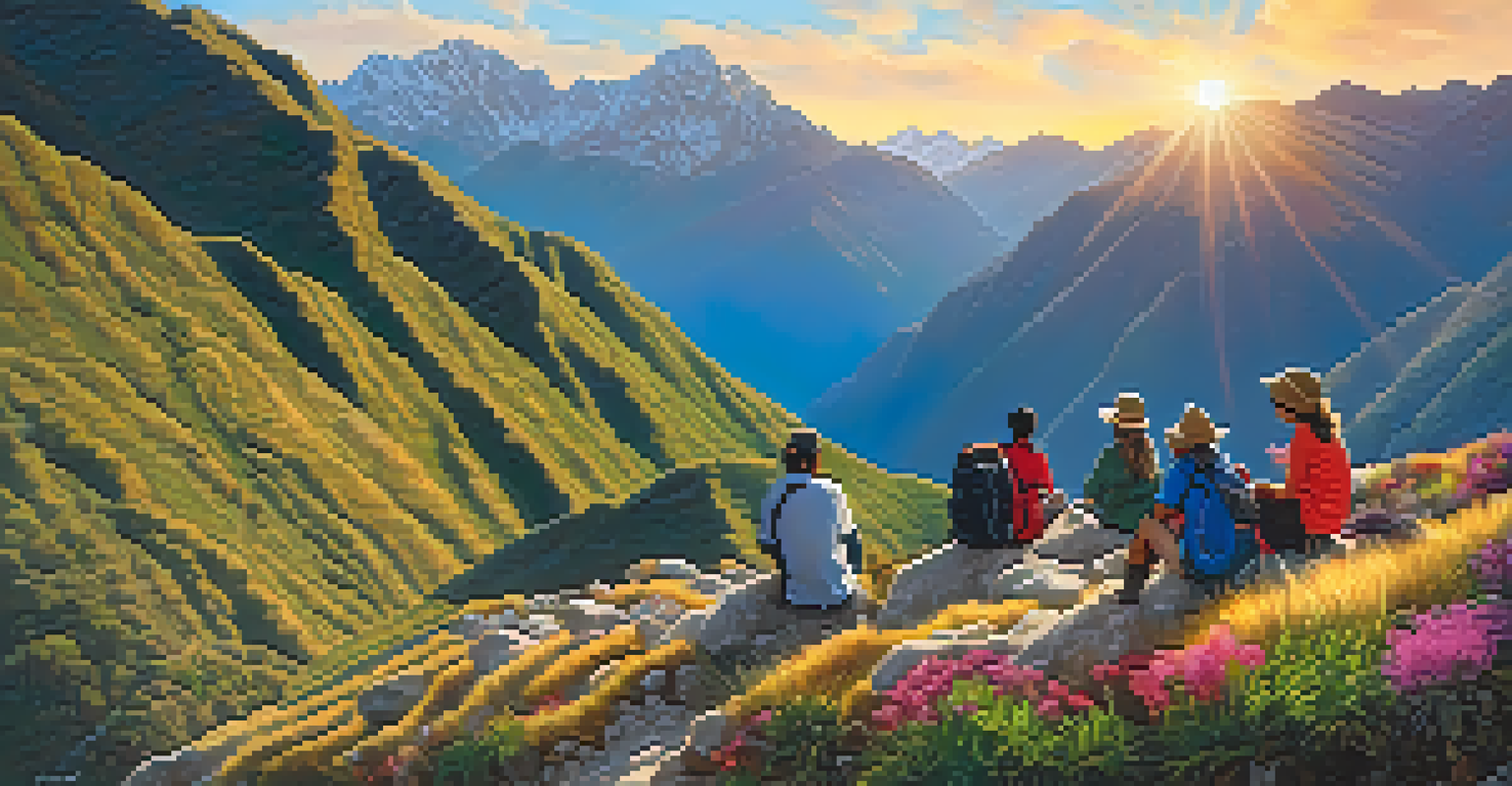 A group of hikers resting on the Inca Trail, surrounded by colorful flowers and stunning mountain views during sunset.