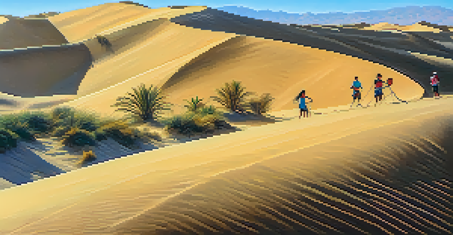 Tourists joyfully sandboarding on golden dunes with a lagoon in the background, set against a bright blue sky.
