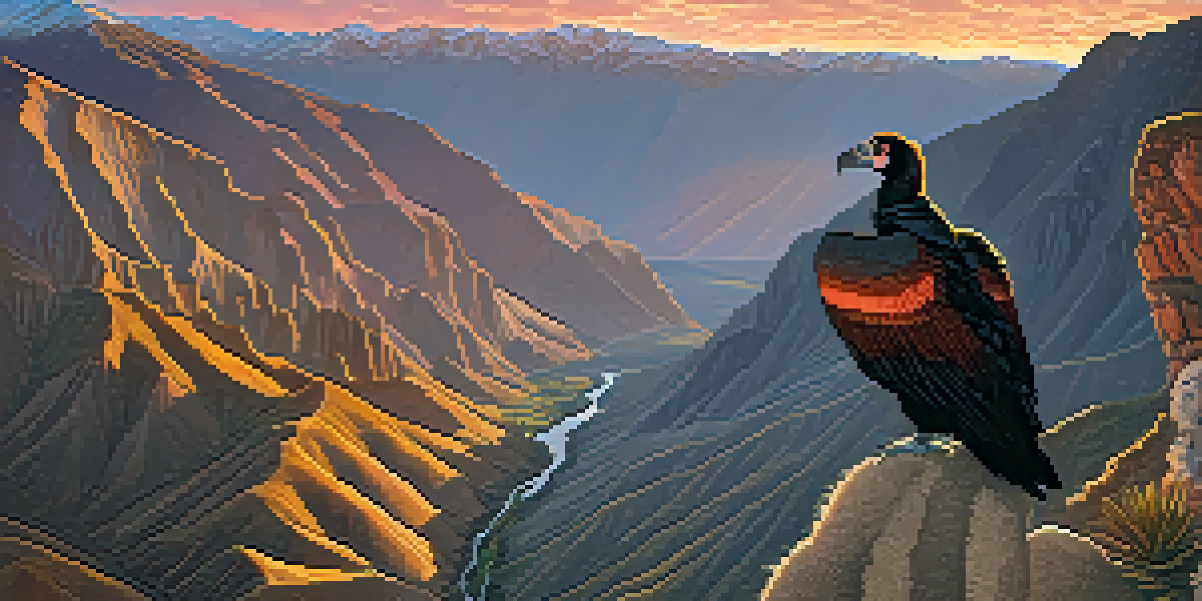 A family standing at the edge of Colca Canyon at sunrise, with condors flying above and vibrant colors in the sky.
