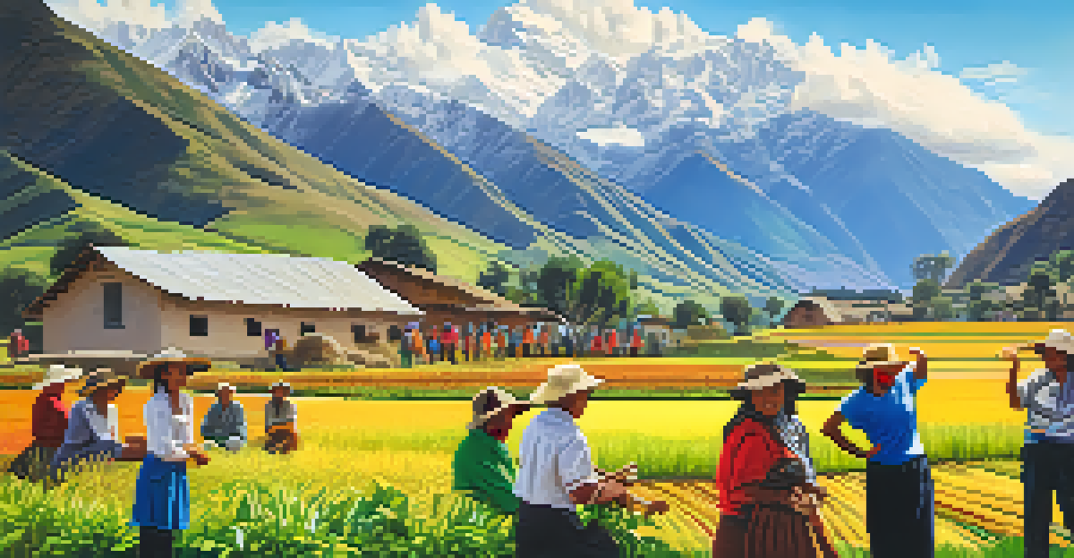 Tourists learning sustainable farming practices from local farmers in the Sacred Valley of Peru, with colorful crops and mountains in the background.