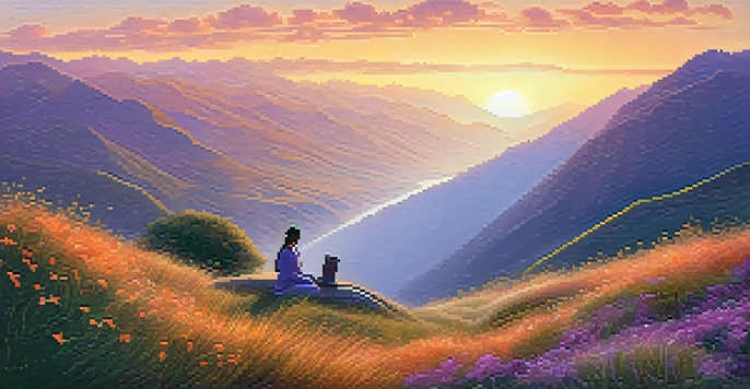 A person meditating on a hillside in the Sacred Valley of Peru during sunrise, with vibrant wildflowers and majestic mountains in the background.