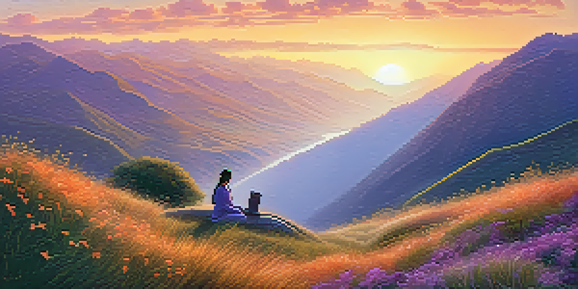 A person meditating on a hillside in the Sacred Valley of Peru during sunrise, with vibrant wildflowers and majestic mountains in the background.