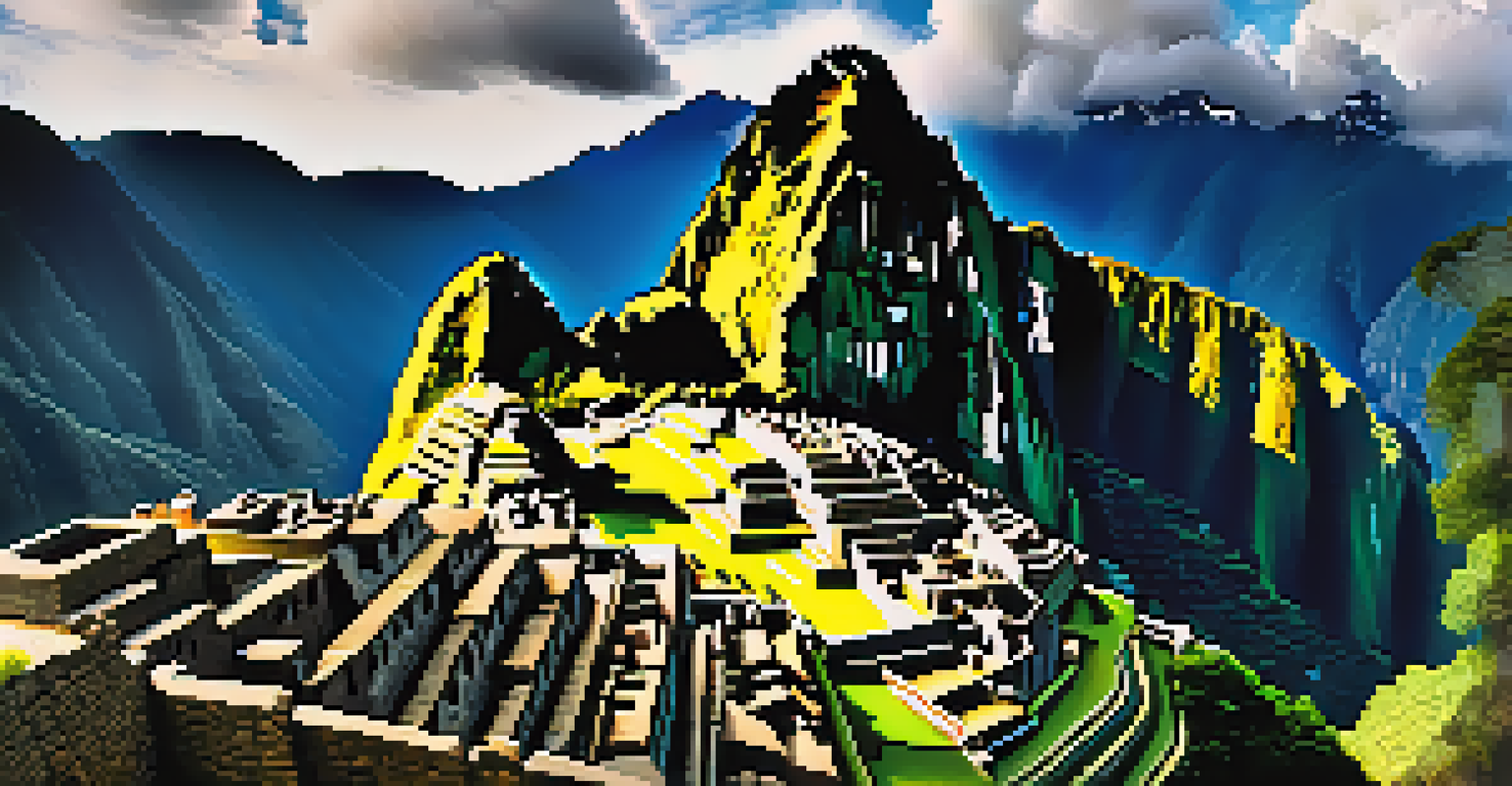An aerial view of Machu Picchu in the Andes Mountains, showcasing its ancient stone structures and lush surroundings.