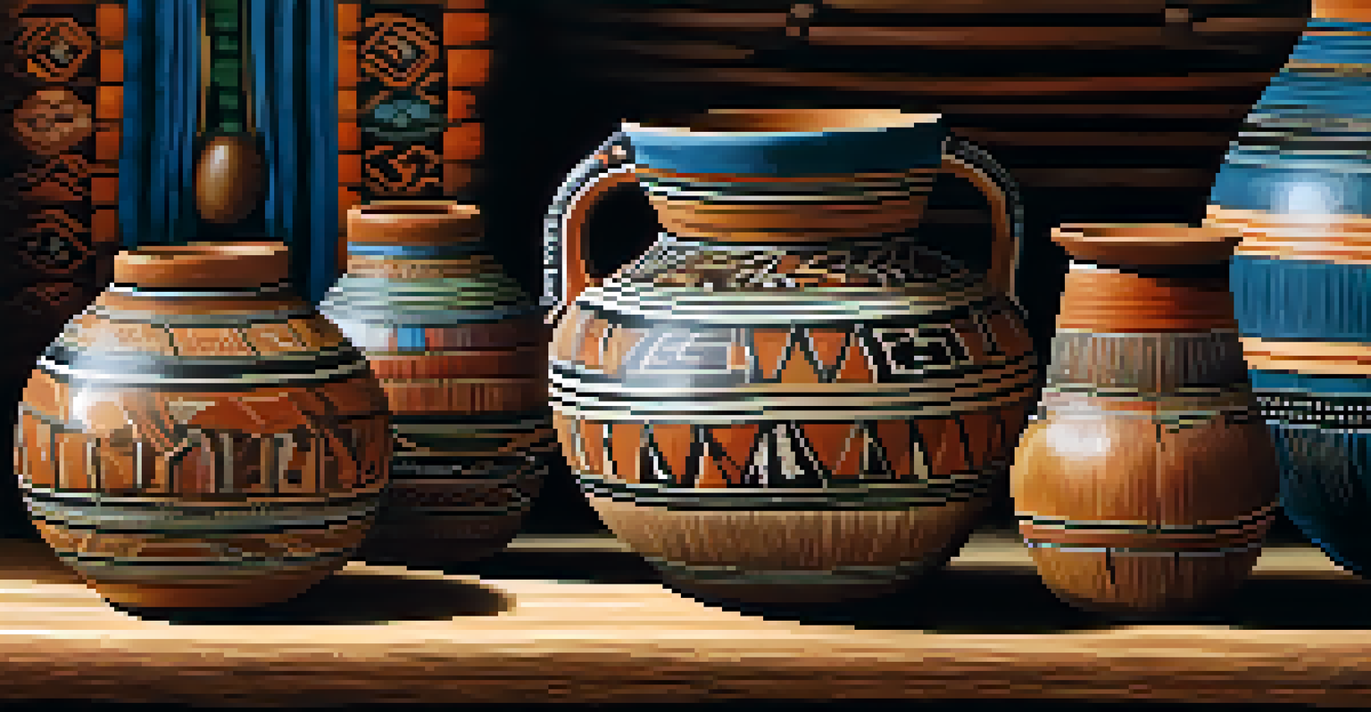 A close-up of a Quechua pottery piece with intricate designs on a wooden table, illuminated by natural light.