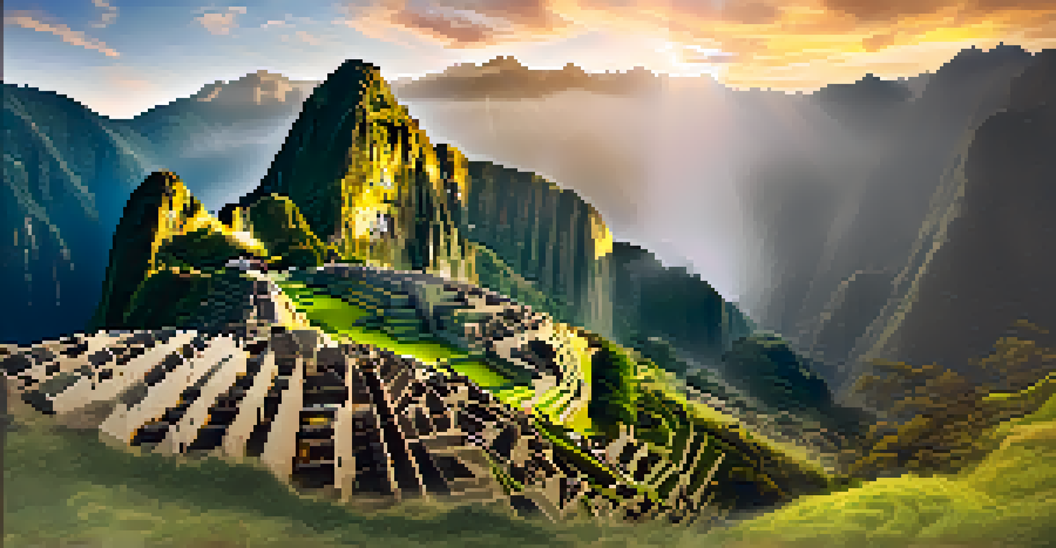 Machu Picchu at sunrise, with mist and golden light illuminating the ancient ruins and surrounding mountains.