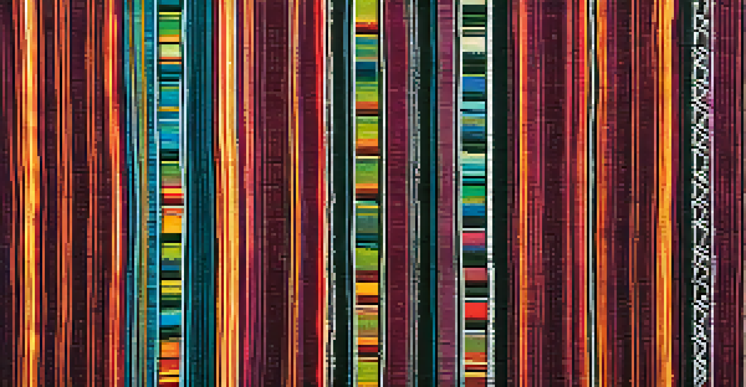 A close-up of a colorful hand-woven Peruvian textile with intricate patterns against a rustic wooden backdrop.