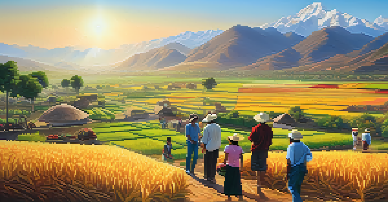 Tourists engaging with local farmers in a colorful agricultural field with the Andes mountains in the background during golden hour.