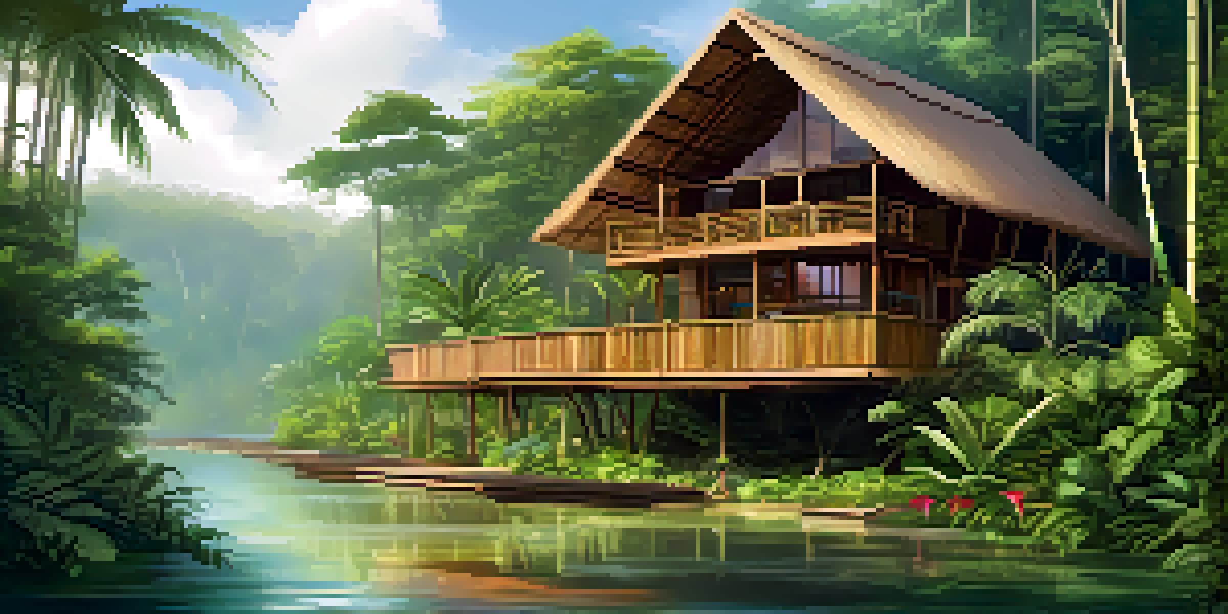 An eco-lodge in the Amazon rainforest with bamboo and glass architecture surrounded by vibrant greenery and tropical flowers, illuminated by soft sunlight.