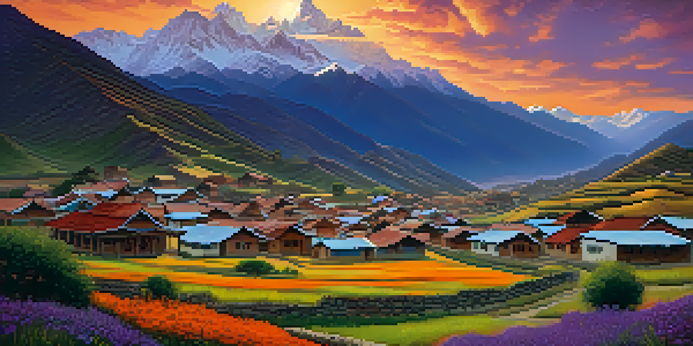 A picturesque view of a traditional Peruvian village in the Andes mountains at sunset, with colorful wildflowers in the foreground and snow-capped peaks in the background.