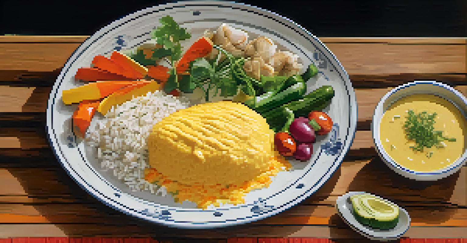 A plate of traditional Peruvian dish aji de gallina with rice and vegetables, beautifully presented on a wooden table.