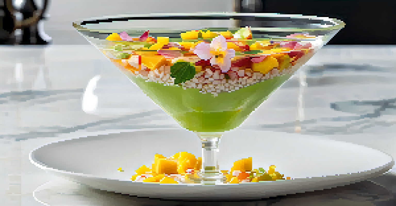 A modern ceviche in a martini glass with layers of mango, avocado, fish, and sesame seeds, surrounded by edible flowers on a marble countertop.