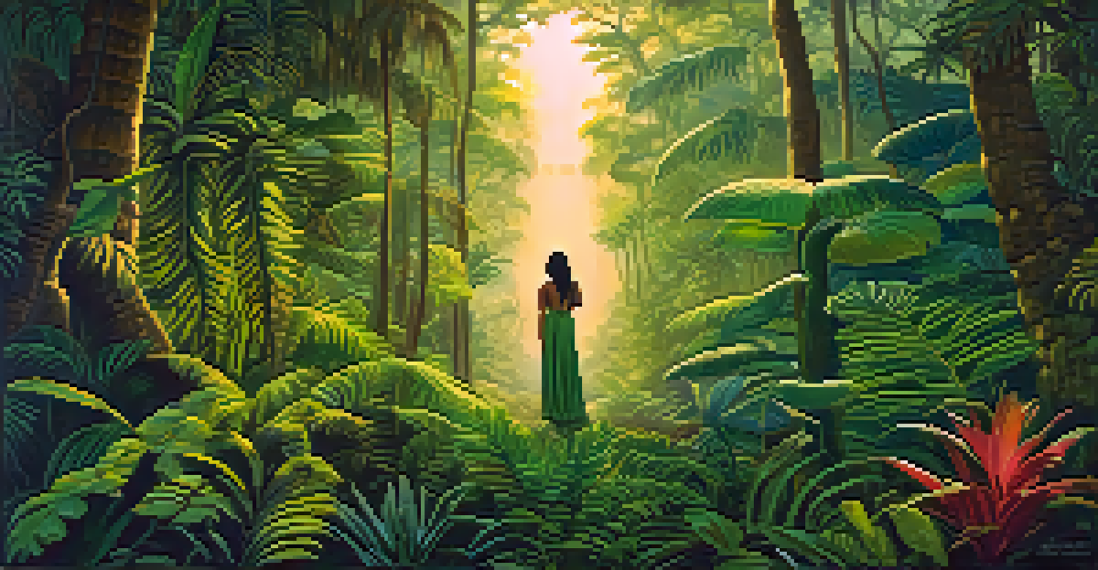 An artistic representation of the Chullachaqui shape-shifting into a human figure in a lush jungle setting, surrounded by trees and exotic plants.