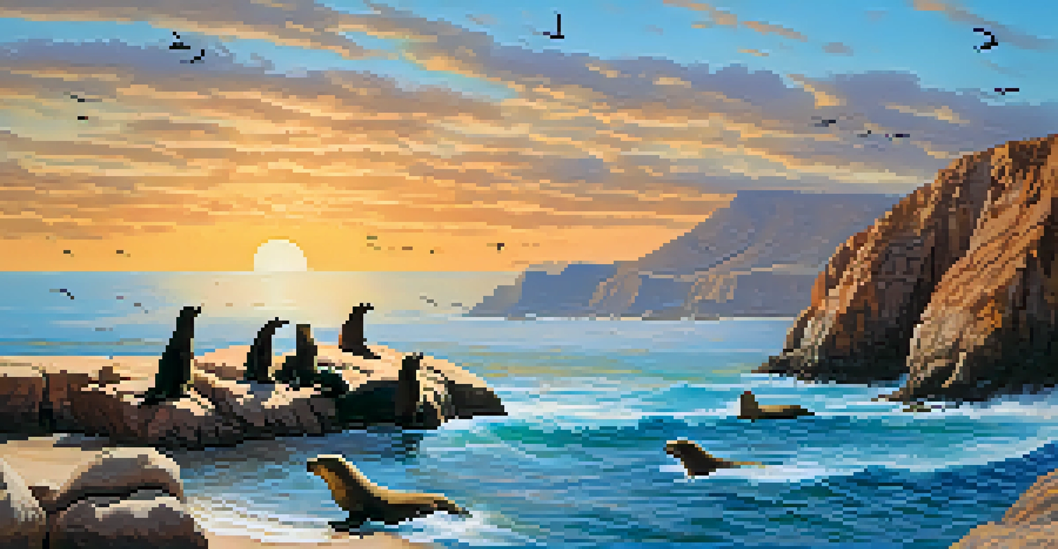 A serene coastal view of the Ballestas Islands with sea lions on rocks, seabirds in the sky, and a warm sunset illuminating the landscape.