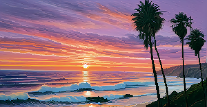A breathtaking sunset over the Pacific Ocean with colorful skies and silhouettes of palm trees.