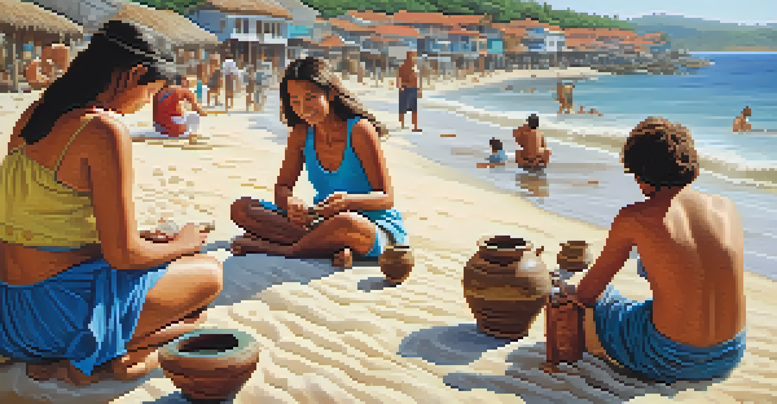 A traveler interacting with local artisans making pottery on a beautiful beach.