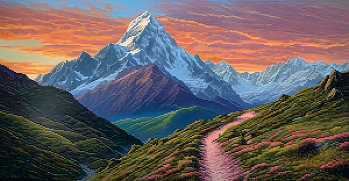 A scenic view of the Andes mountains at sunset with hikers on a trail.
