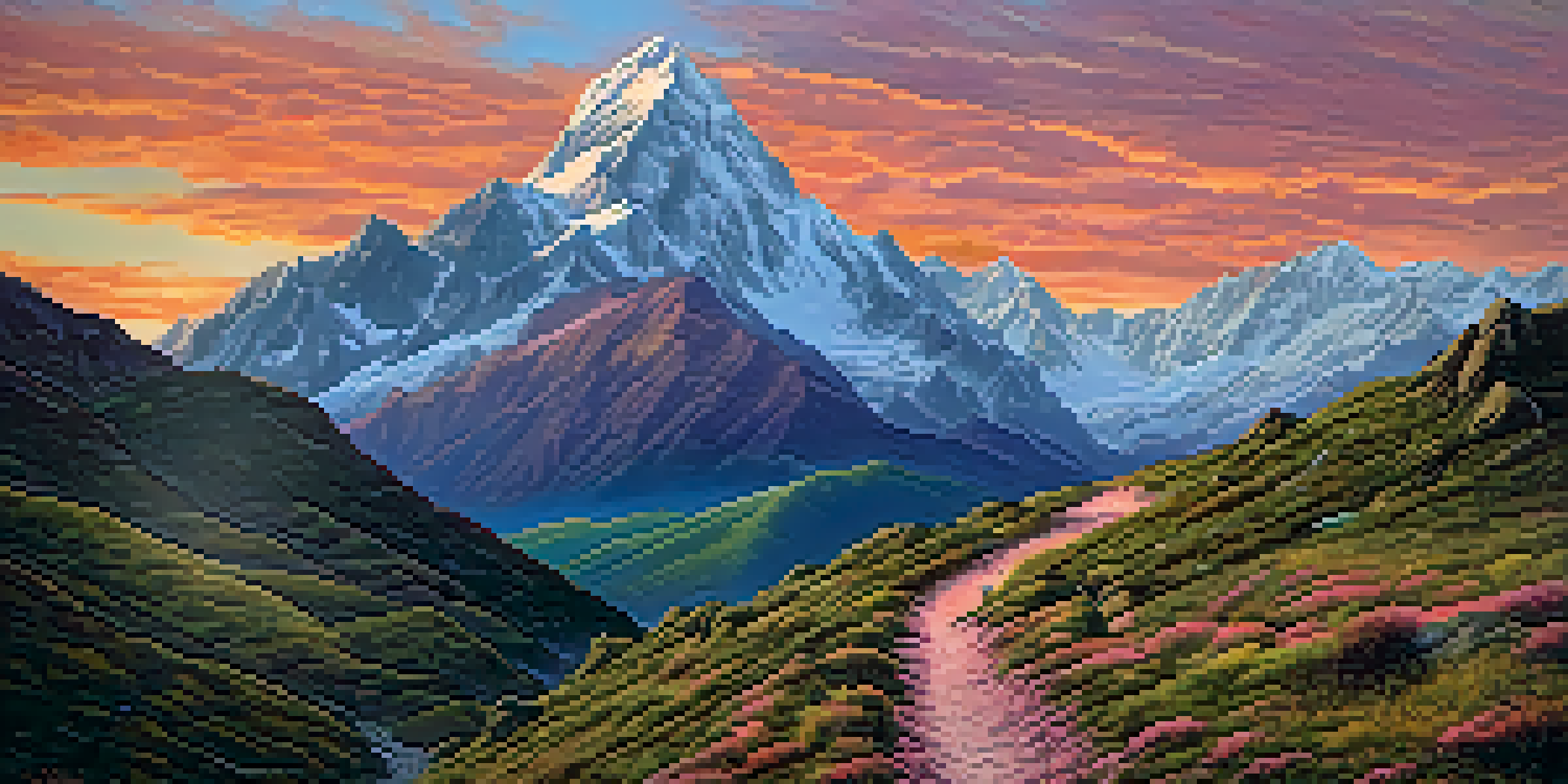A scenic view of the Andes mountains at sunset with hikers on a trail.