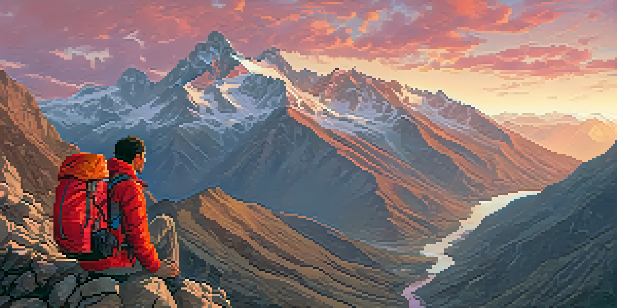 A hiker in a red jacket stands on a rocky outcrop overlooking the Andes mountains at sunrise, with a portable water filter and first aid kit in the foreground.