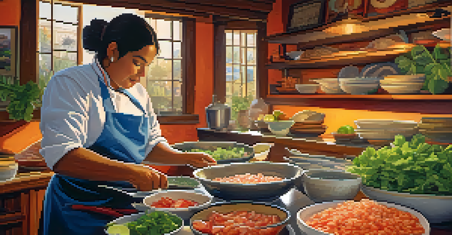 A chef preparing ceviche in a traditional Peruvian kitchen with fresh ingredients displayed on the countertop.