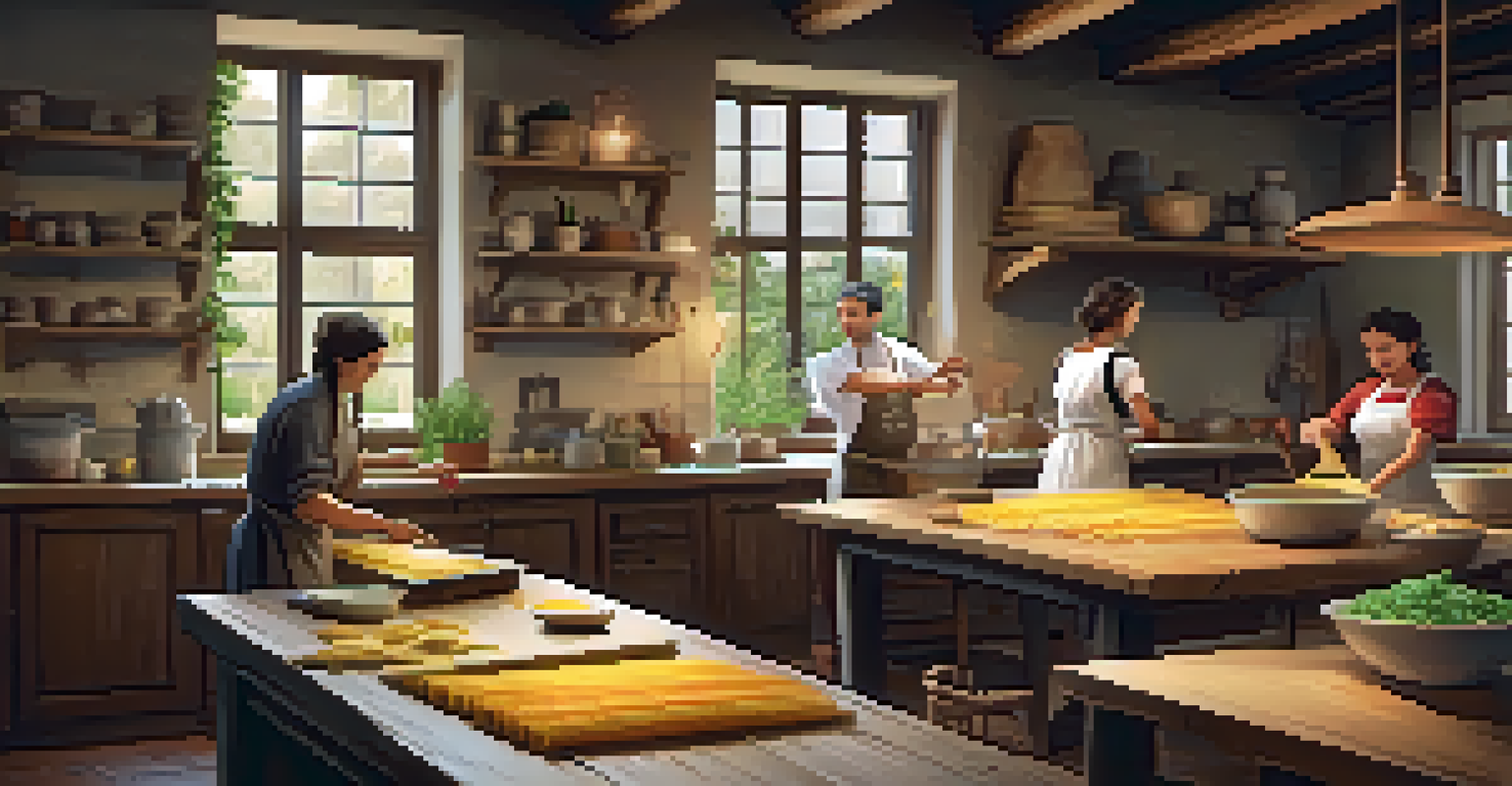 A rustic kitchen with a local chef teaching a cooking class, surrounded by ingredients and engaged students.