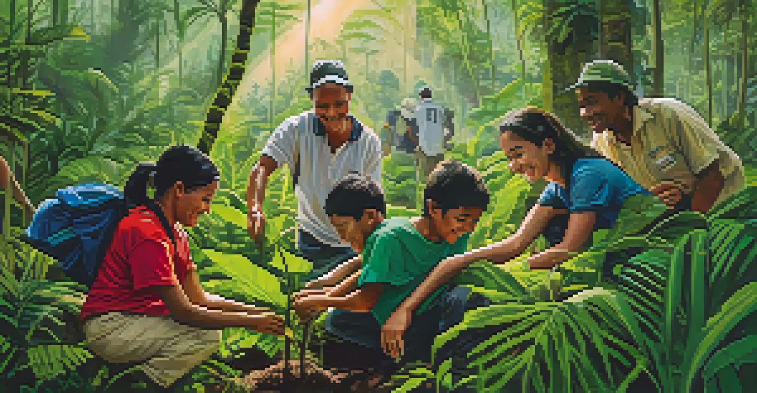 Volunteers planting trees in a vibrant Peruvian rainforest with local community members.