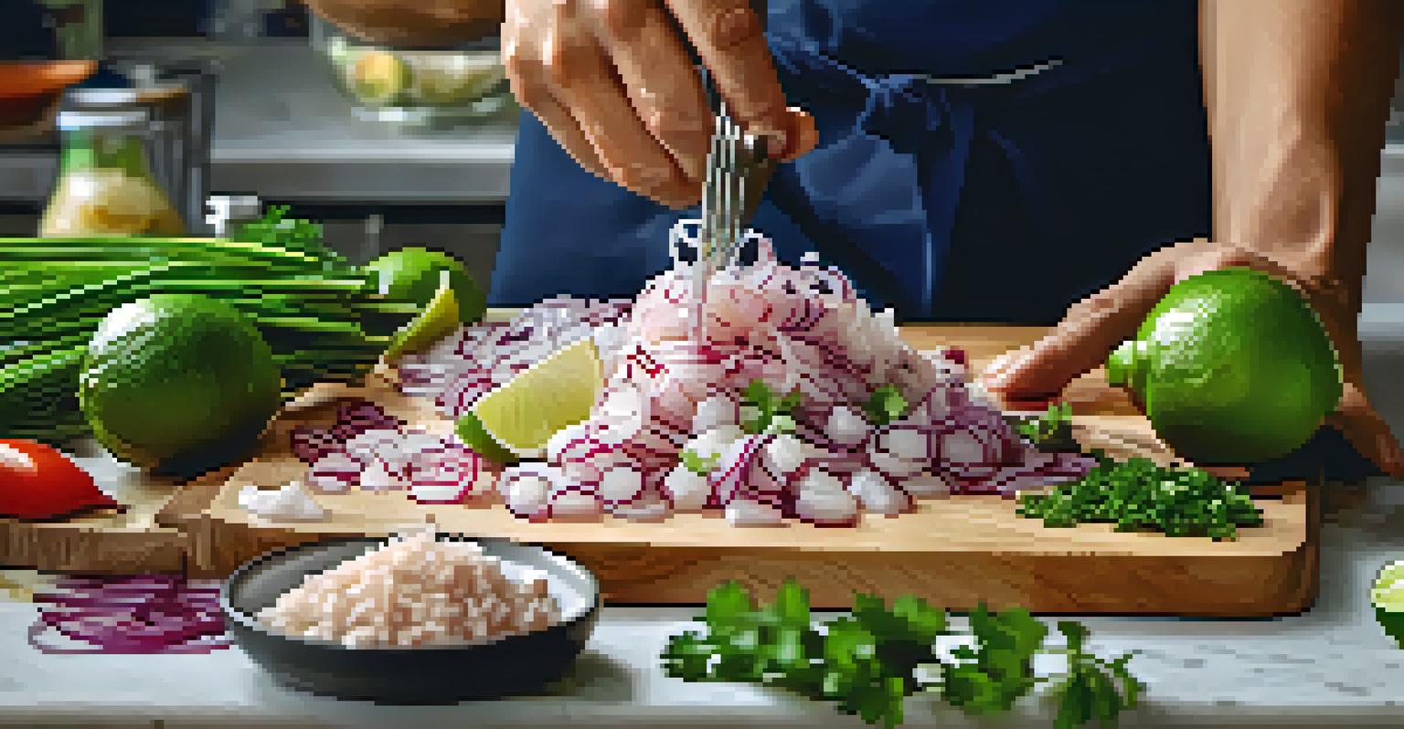 A chef preparing ceviche with fresh ingredients in a modern kitchen.