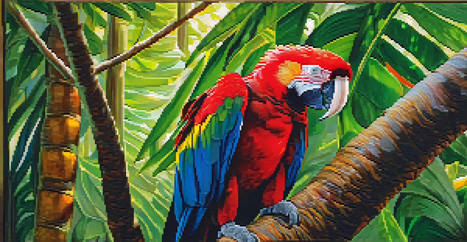Close-up of a Scarlet Macaw on a branch surrounded by lush rainforest foliage.