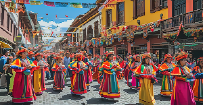 A colorful procession during the La Fiesta de la Virgen de la Candelaria, showcasing traditional dancers, the Virgin of Candelaria statue, and a lively crowd.