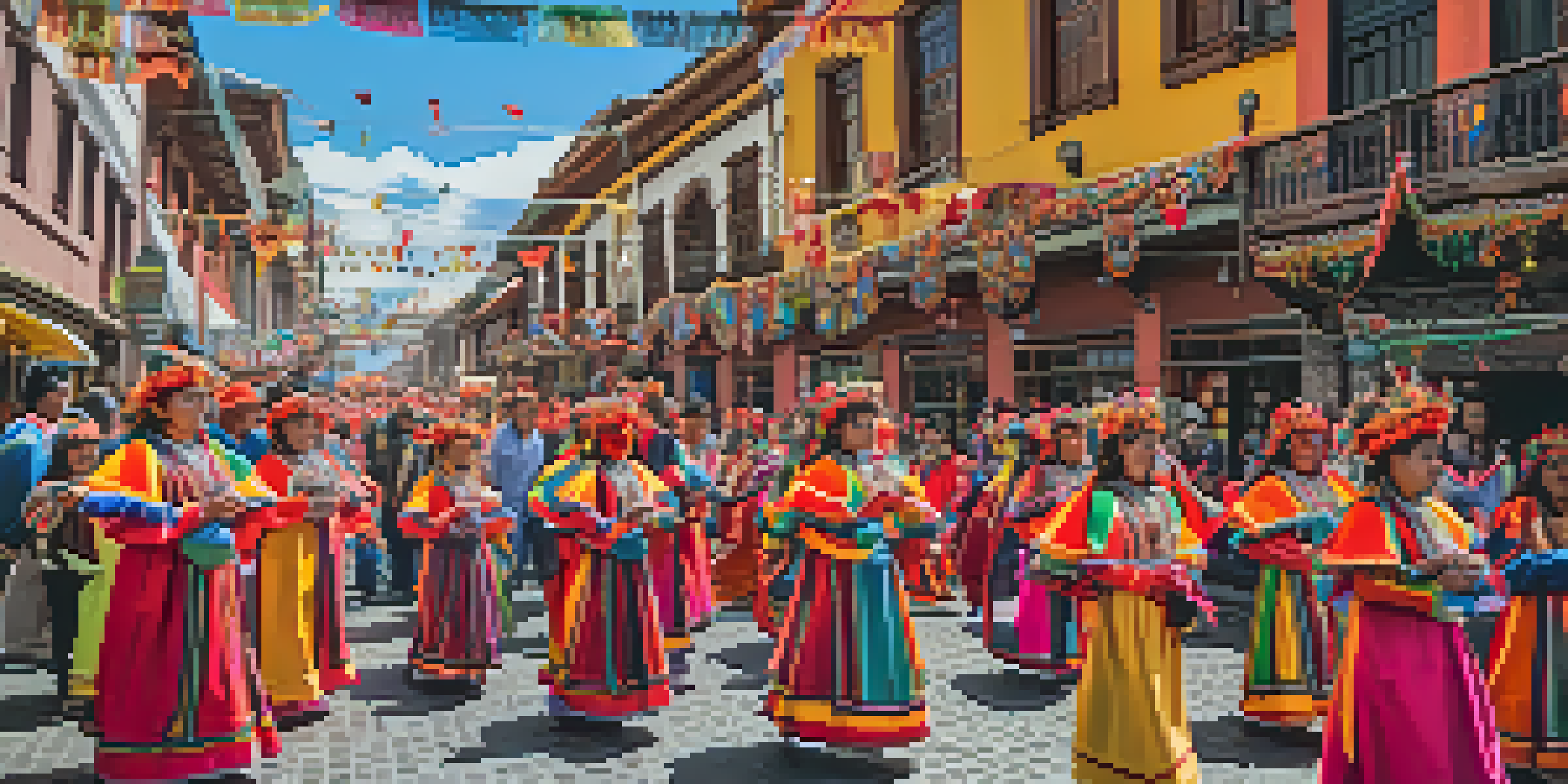 A colorful procession during the La Fiesta de la Virgen de la Candelaria, showcasing traditional dancers, the Virgin of Candelaria statue, and a lively crowd.